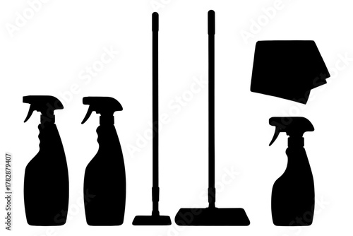 Silhouette set of cleaning tools: spray bottles, mops, cloths in black.