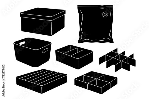 Silhouette of various storage containers and organizers.