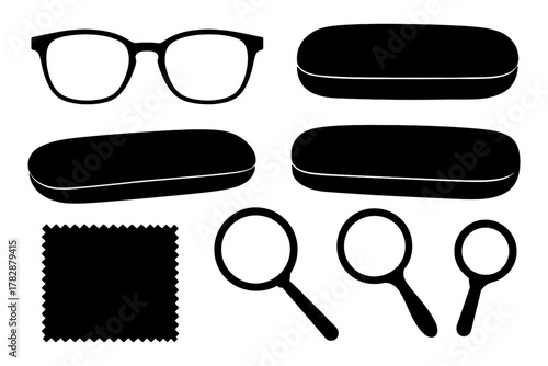 Eyeglasses and accessories: cases, magnifying glasses, and cleaning cloths.