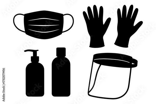 Essential hygiene icons: mask, gloves, sanitizer, and face shield in black silhouette.