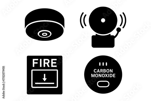 Fire and safety icons: smoke detector, fire alarm, fire sign, carbon monoxide detector.
