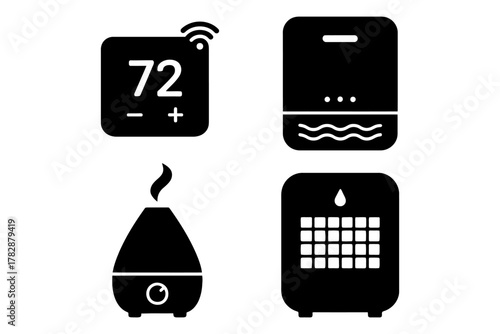 Smart home icons: thermostat, humidifier, air purifier, dehumidifier designs.