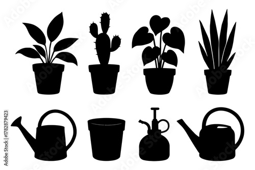Silhouette set of houseplants and garden tools in black and white.