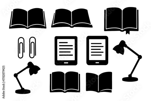 Silhouette collection of books, tablets, lamps, and paper clips.