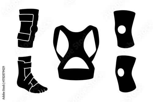 Silhouettes of orthopedic supports: knee, back, ankle braces for injury recovery.