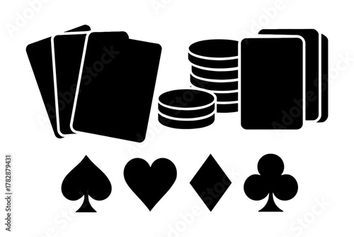 Silhouette of playing cards, poker chips and suit symbols.