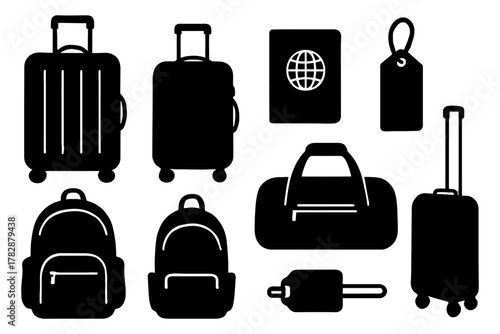 Collection of suitcases, backpacks, and travel accessories in silhouette style.