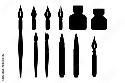 Silhouette collection of ink pens and bottles for artistic creativity.