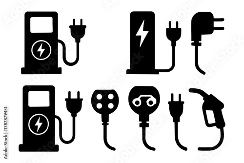 Electric vehicle charging icons set with plugs and station symbols.