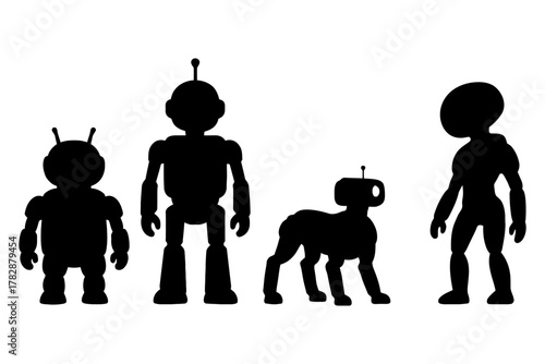 Silhouette of four distinct robots: varied shapes and sizes.