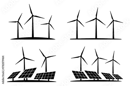 Wind turbines and solar panels silhouettes: renewable energy icons.
