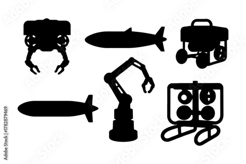 Silhouette set of various robots and submarines.