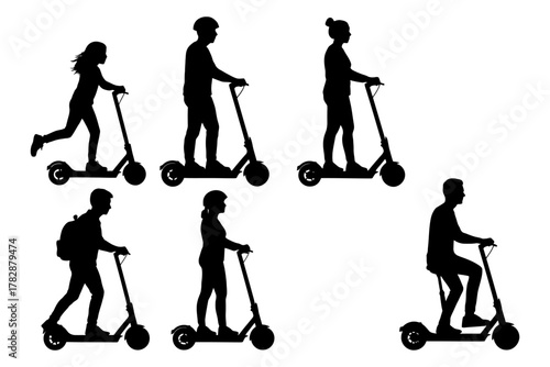 Silhouettes of diverse people riding electric scooters.