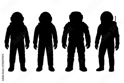 Silhouette of four astronauts in different space suits on white background.
