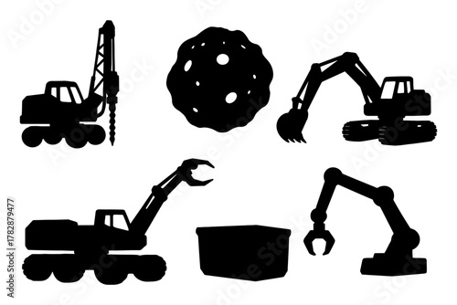 Silhouettes of industrial machinery and robotic equipment in various configurations.