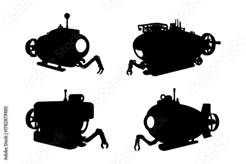 Silhouettes of various submarines with robotic arms on white background.