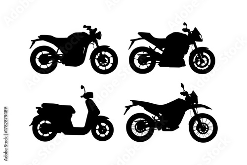 Silhouette collection of diverse motorcycles and scooters.