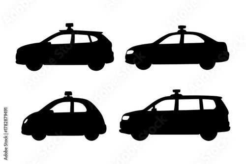 Silhouettes of autonomous vehicles: sedan, hatchback, suv, and crossover.