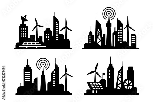 Futuristic urban skylines with wind turbines and solar panels.