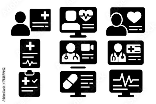 Healthcare icons: medical profiles, doctors, prescriptions, and heartbeat monitors.