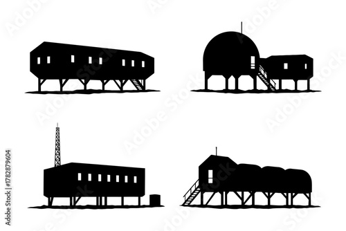 Silhouette designs of elevated structures and buildings with stairs and antenna feature.