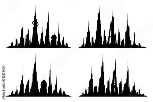 Futuristic city skyline silhouettes with modern skyscrapers and architectural designs.