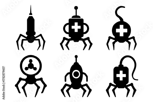 Abstract robotic medical icons with various sci-fi designs and cross symbols.