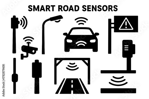 Smart road sensors and traffic monitoring technology icons in black and white.
