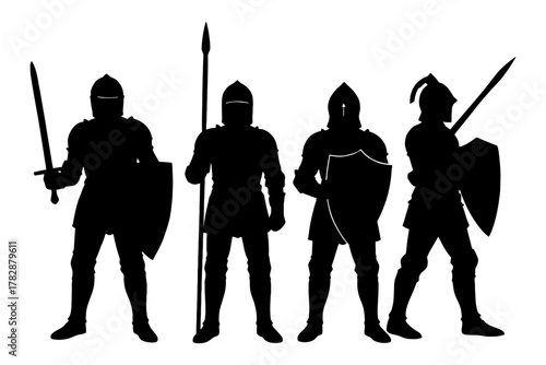 Silhouettes of medieval warriors in armor with swords and shields.