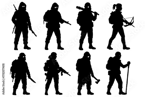 Silhouette of diverse armed figures in post-apocalyptic attire.