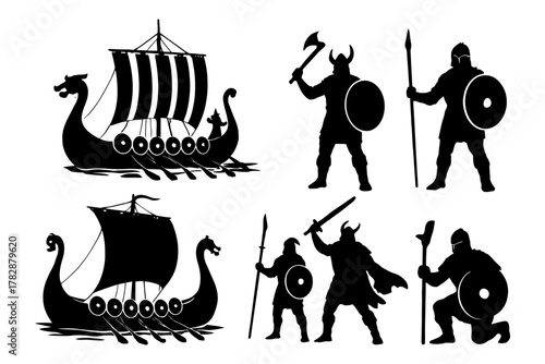 Silhouette warrior vikings and longships with axes and shields.
