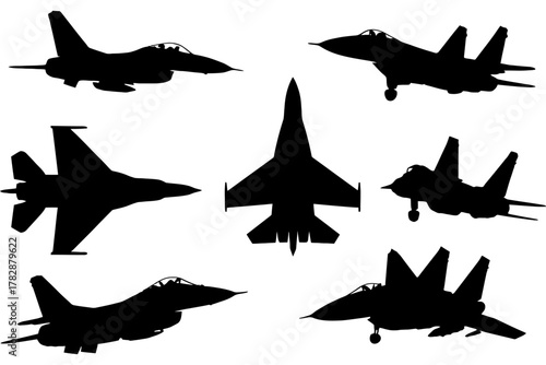 Silhouette collection of military fighter jets in various angles.