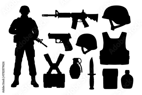 Silhouette of soldier with weapons and military gear icons.