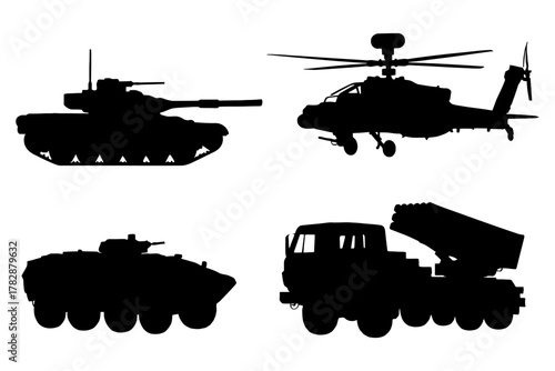 Silhouette collection of military vehicles: tank, helicopter, armored truck.