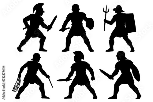 Silhouettes of ancient roman gladiators in various combat poses and weapons.
