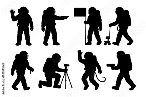 Silhouettes of astronauts engaged in various space activities.