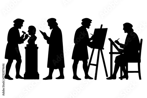 Silhouettes of male artists creating sculptures and paintings.