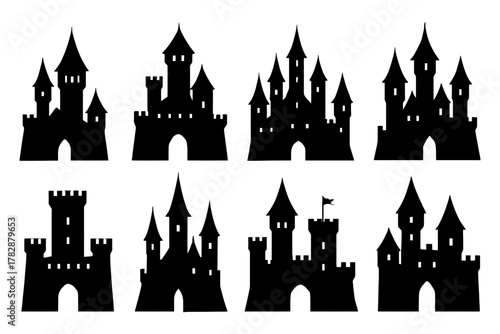 Black silhouette set of medieval castles with towers and flags.