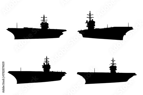 Silhouette of aircraft carriers in various angles and profiles.