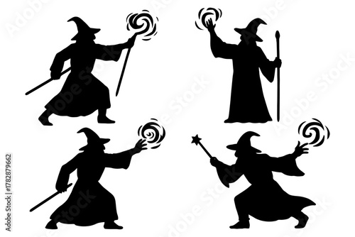 Silhouettes of wizards casting spells with staff and magic swirls.