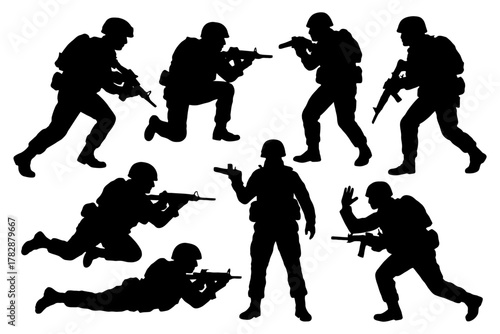 Silhouettes of soldiers in various combat poses with weapons.