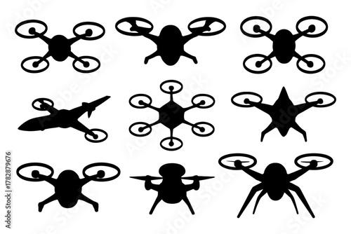 Variety of drone silhouettes: diverse designs and configurations.