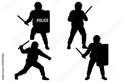 Silhouettes of police officers with shields and batons in defensive stances.