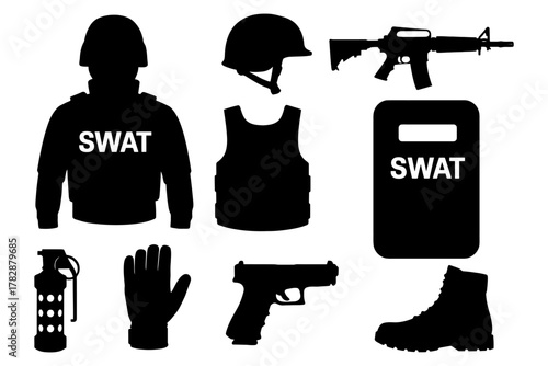 Swat gear silhouettes: tactical equipment overview with helmet, vest, and weapons.
