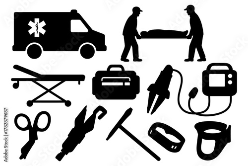 Emergency medical equipment icons featuring ambulance and rescue tools.