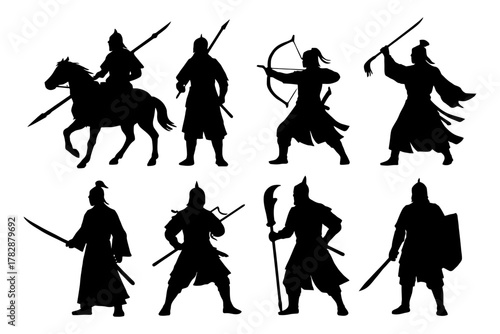 Silhouettes of ancient asian warriors in varying combat poses with weapons.