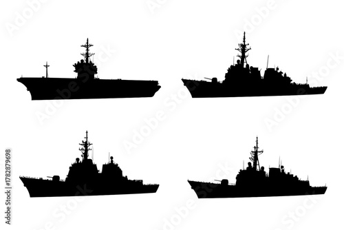Silhouettes of various warships with distinctive naval features in profile views.