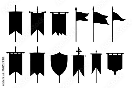 Collection of black silhouettes of medieval banners and shields.