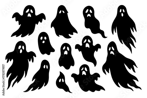 Set of spooky halloween ghost silhouettes with floating figures and eerie expressions.
