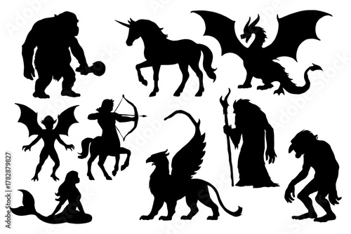 Silhouettes of mythical creatures: dragon, unicorn, mermaid, centaur, griffin, cyclops.